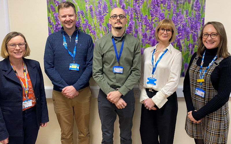 L-R Ceinwen Mannall, Chief Pharmacist, QEHKL, Matt Green Alliance Workforce Procurement Specialist, Alexandru Farcas, Junior Pharmacist, QEHKL, Katherine Moore, Alliance Strategic Workforce Procurement Lead and Clare Rowden, International Recruitment Co-Ordinator QEHKL