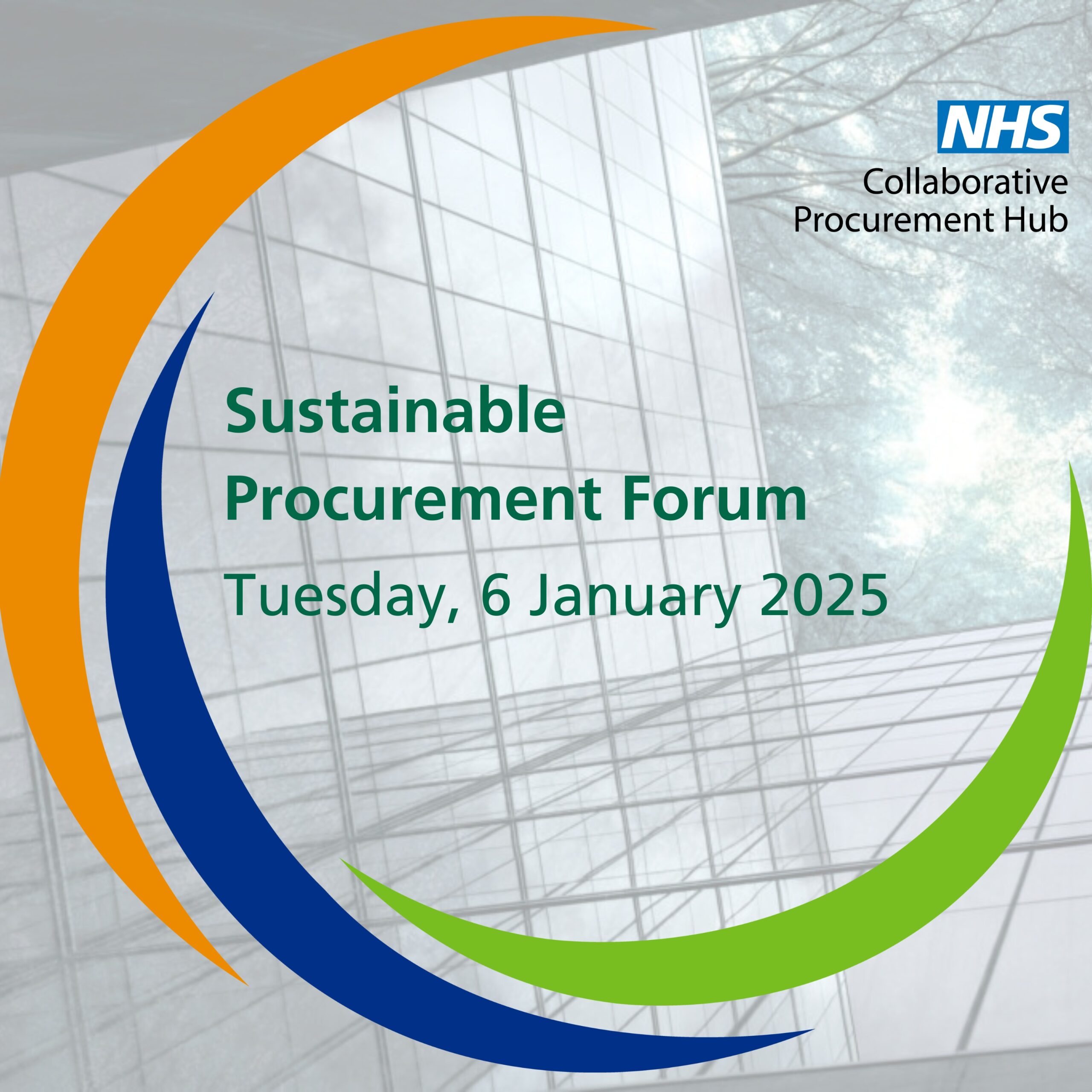 The CPH orange-blue-green logo with a faded background of a glass building reflecting trees. The faded image is in values of black, white and green only. NHS organisational logo in the top right corner.