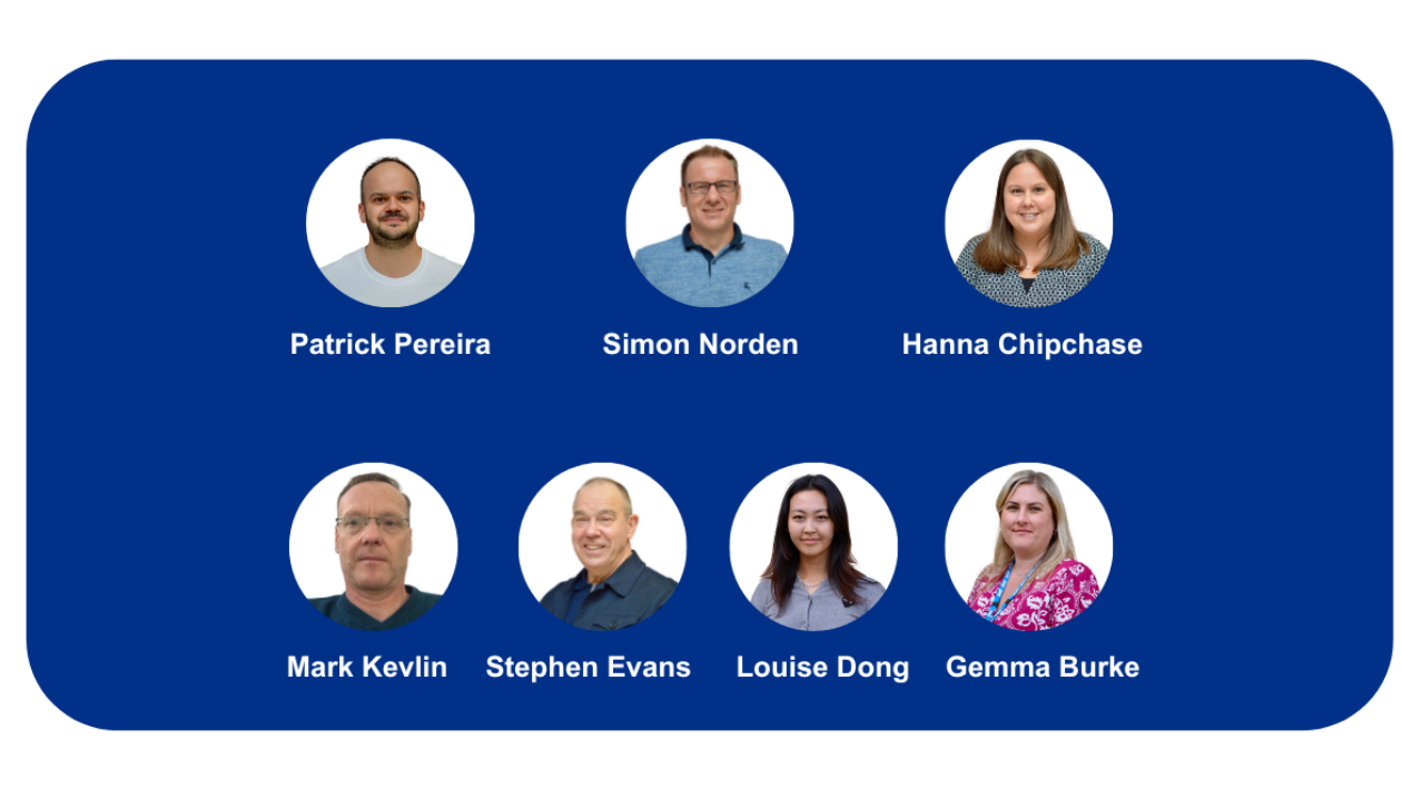 circular photos of individual members of the Estates, Digital and Transport team on a background of NHS dark blue.