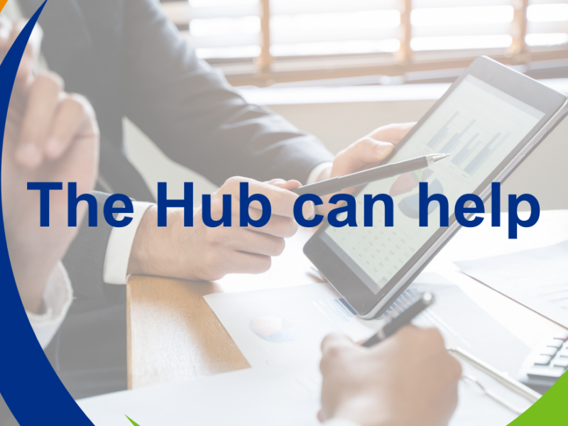 A semi transparent image of two business men working closely together and looking at figures on a tablet, with the Hub logo over the top and the text 'the Hub can help'
