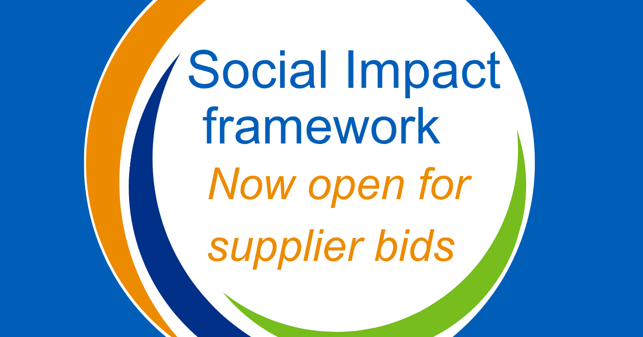 Branded graphic with Hub logo and text reading Social Impact Framework now open for supplier bids
