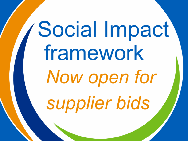 Branded graphic with Hub logo and text reading Social Impact Framework now open for supplier bids