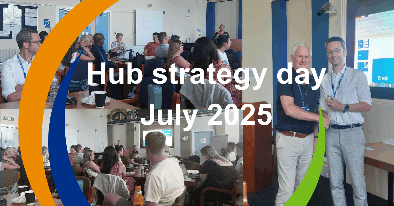 A photo collage of Hub colleagues taking part in a strategic collaboration session and a photo of Howard Rolfe presenting James Smith with an award