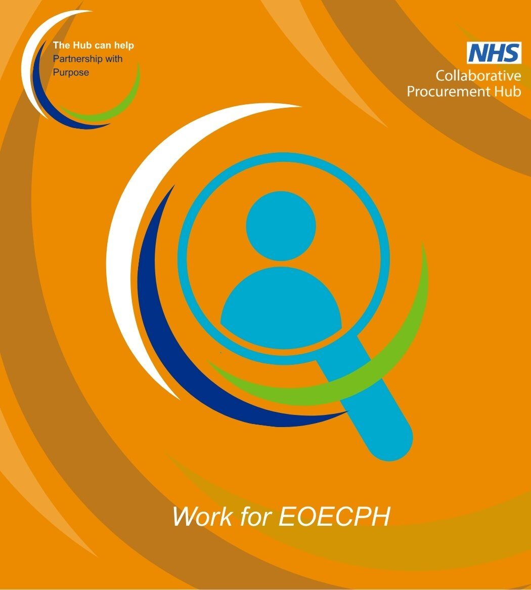The Hub's asset on an orange background. In the center, a magnifying glass with a silhouette showing through it. The text below reads 'Work for EOECPH'.