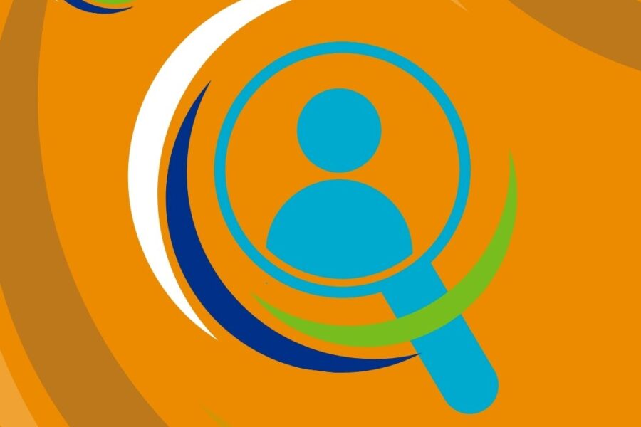 The Hub's asset on an orange background. In the center, a magnifying glass with a silhouette showing through it. The text below reads 'Work for EOECPH'.