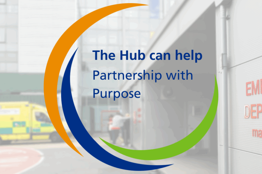 A semi transparent image of the outside of an emergency department with an ambulance parked and people standing next to it. With Hub branding imposed over and text saying 'The Hub can help - partnership with purpose'